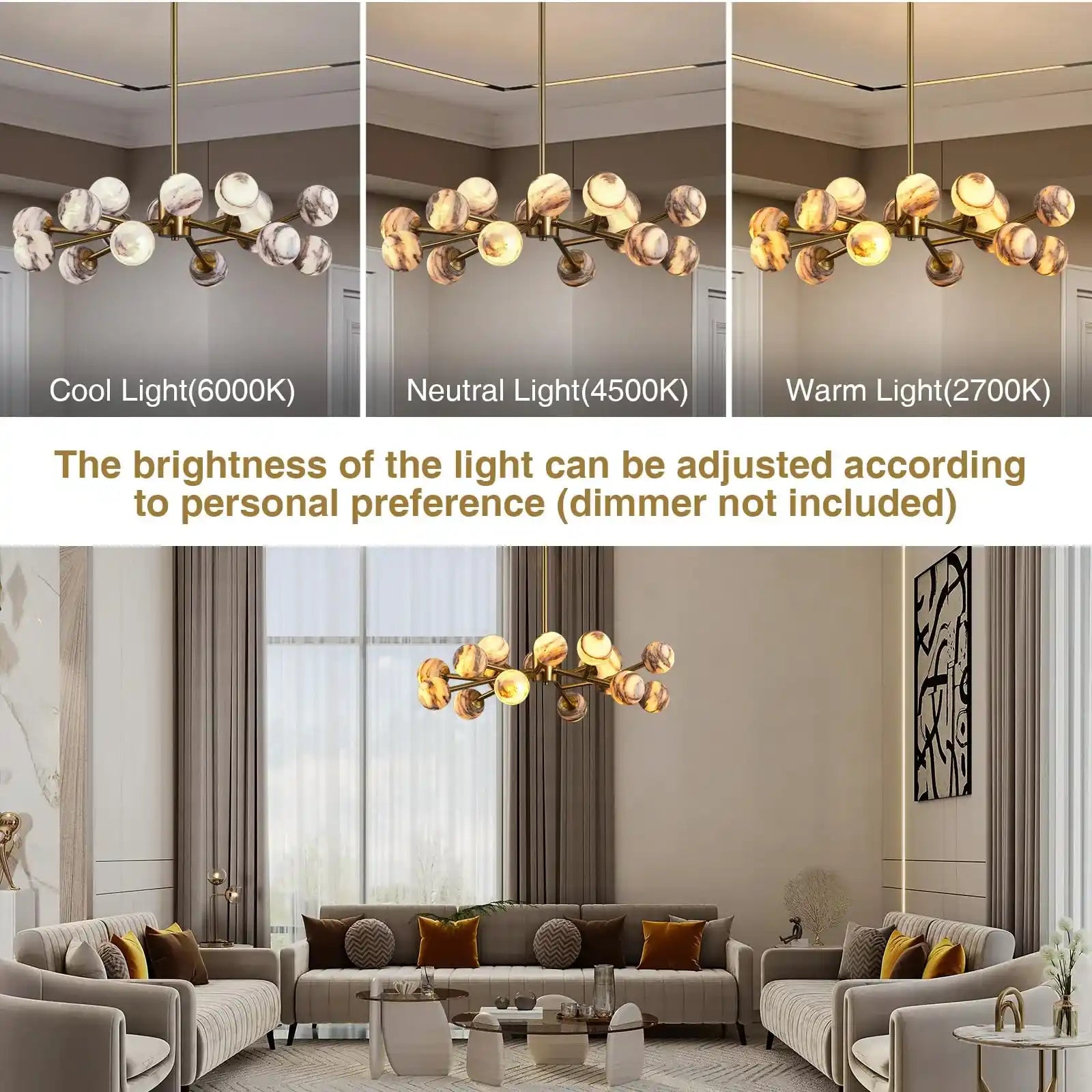 Mid Century Modern Sputnik 12 Light Gold Alabaster Globe Chandelier-Blushlighting