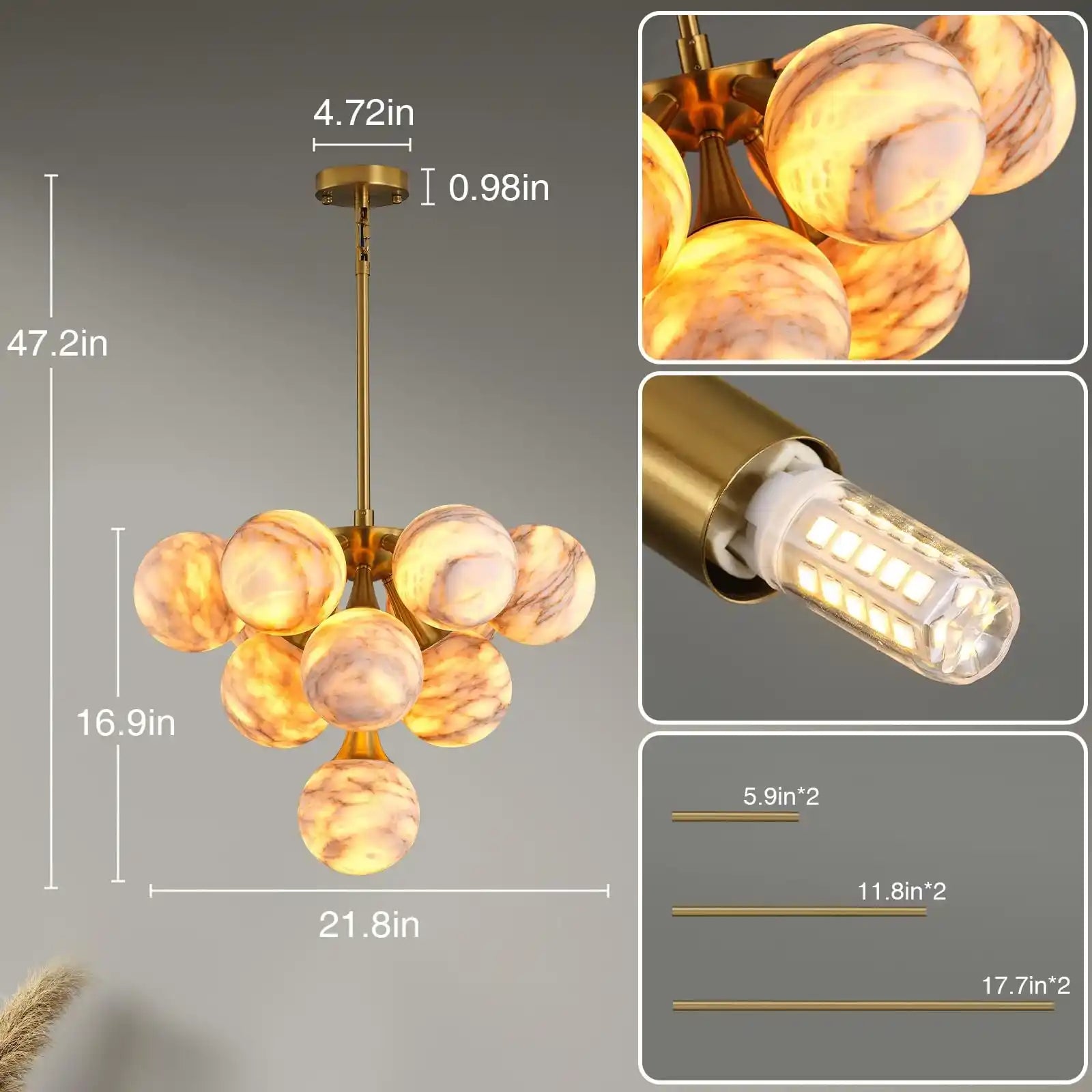 Mid Century Modern Sputnik 12 Light Gold Alabaster Globe Chandelier-Blushlighting