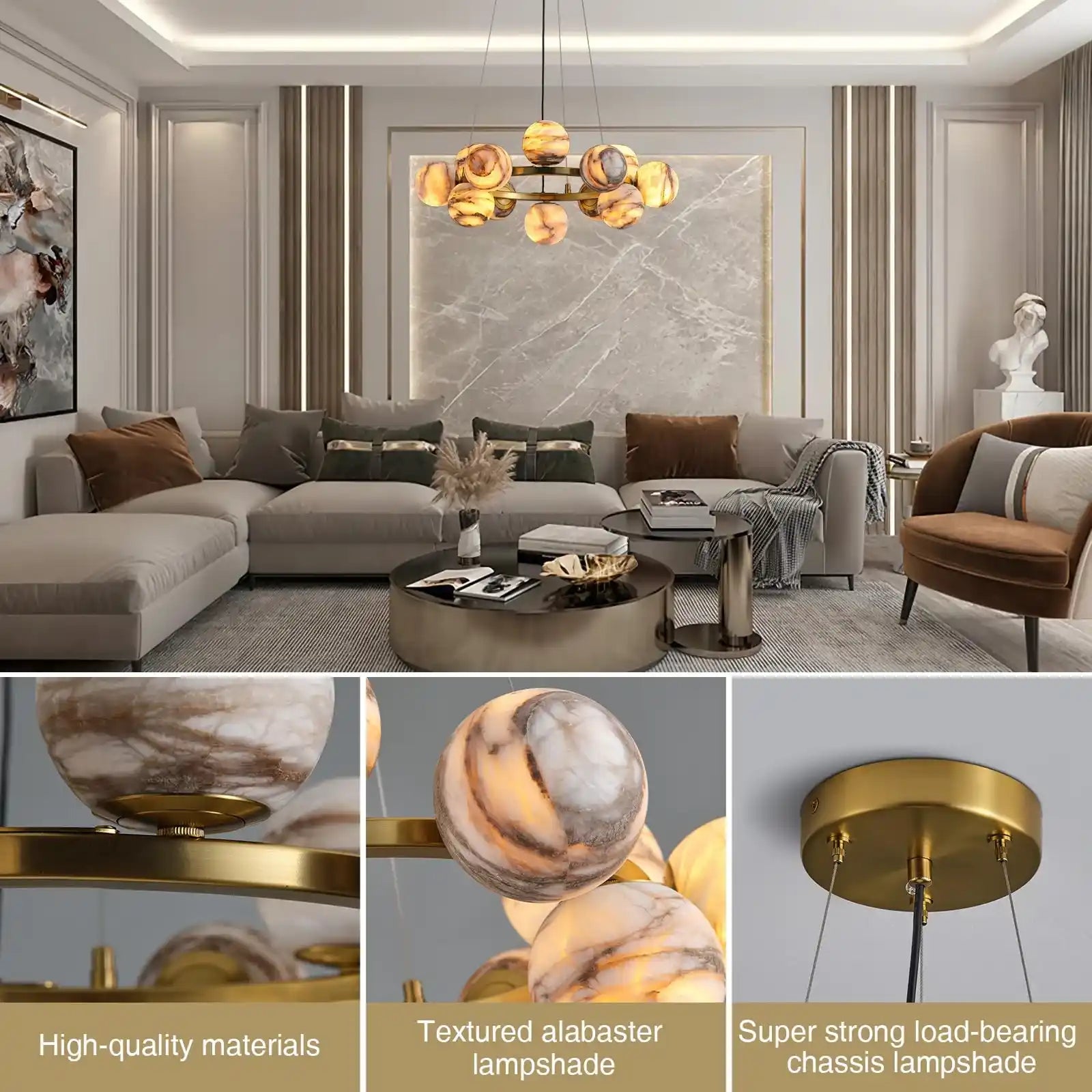 Mid Century Modern Sputnik 12 Light Gold Alabaster Globe Chandelier-Blushlighting