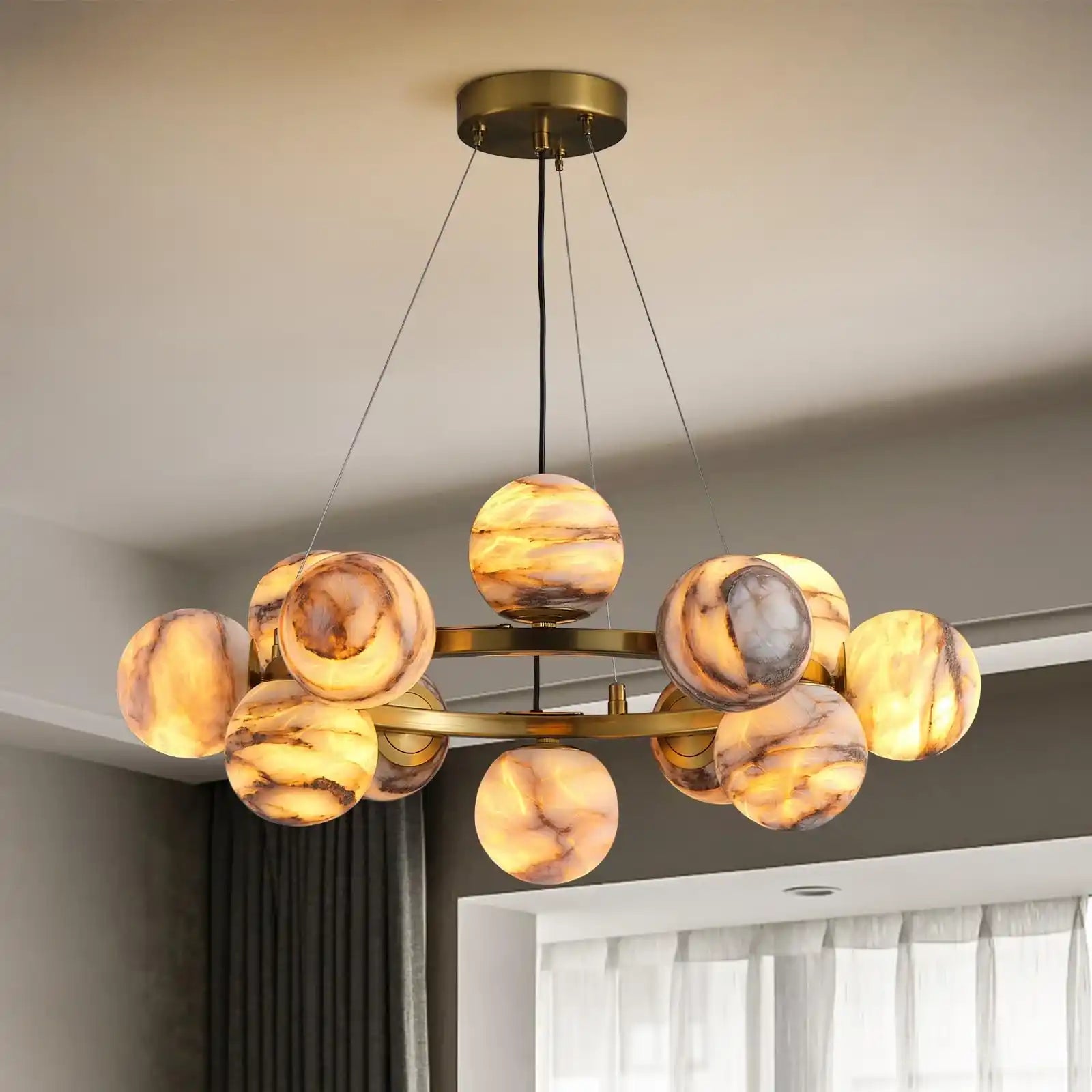 Mid Century Modern Sputnik 12 Light Gold Alabaster Globe Chandelier-D600-Blushlighting