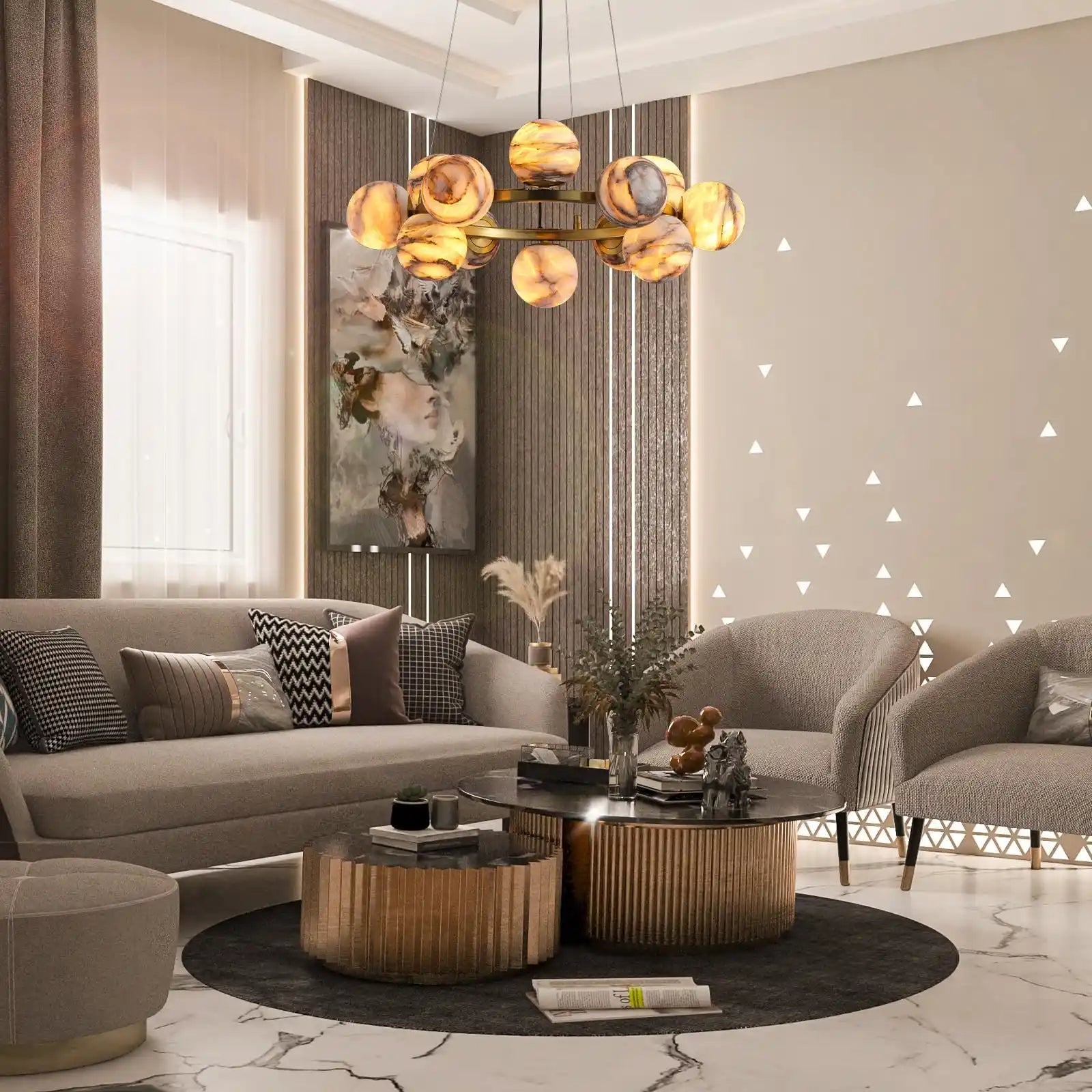 Mid Century Modern Sputnik 12 Light Gold Alabaster Globe Chandelier-Blushlighting