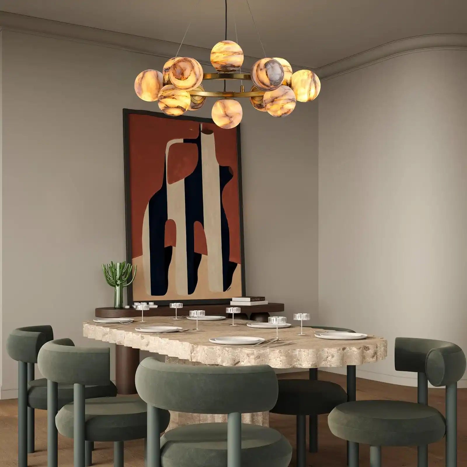 Mid Century Modern Sputnik 12 Light Gold Alabaster Globe Chandelier-Blushlighting