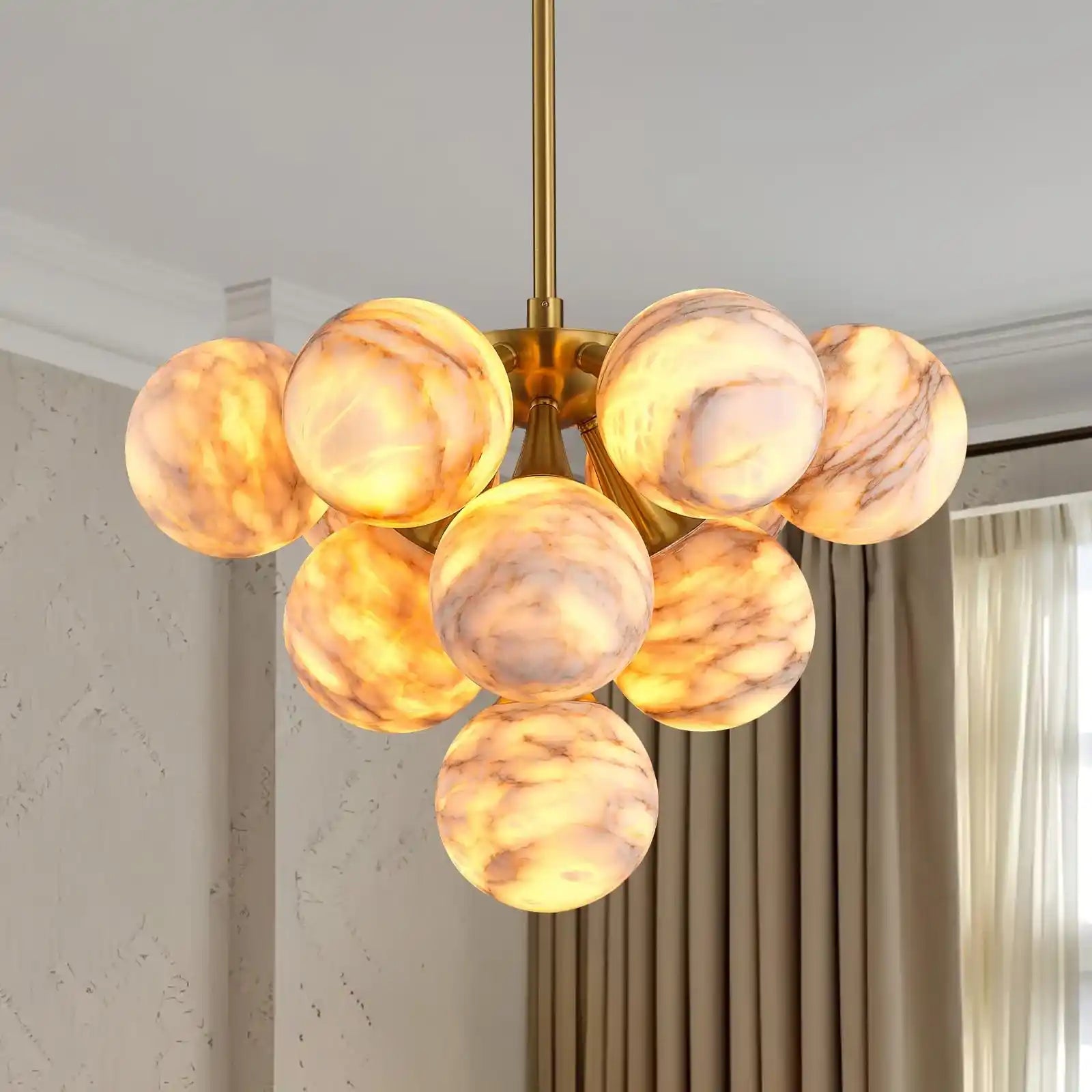 Mid Century Modern Sputnik 12 Light Gold Alabaster Globe Chandelier-D560-Blushlighting