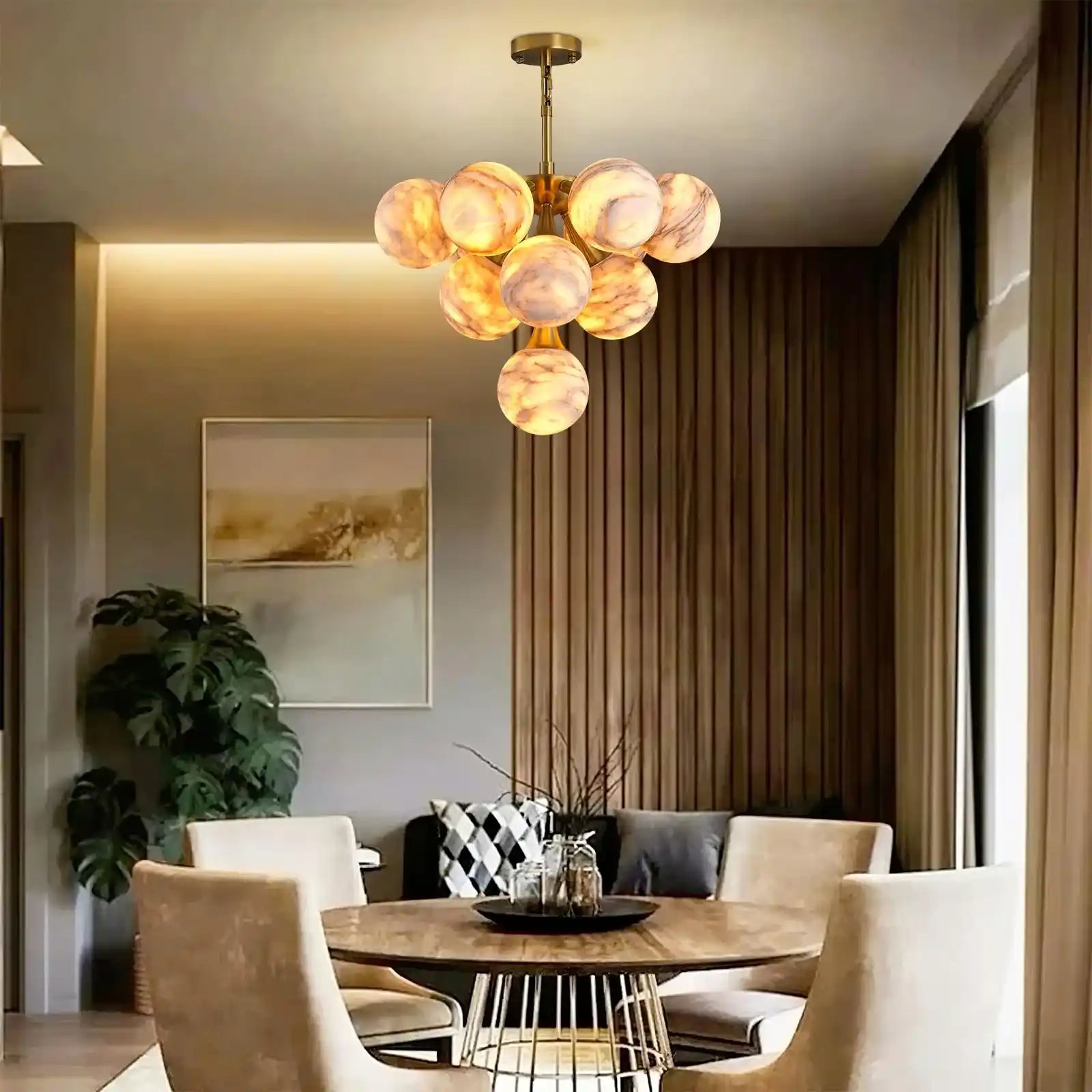 Mid Century Modern Sputnik 12 Light Gold Alabaster Globe Chandelier-Blushlighting