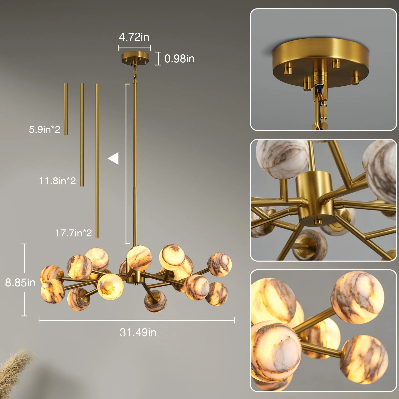 Mid Century Modern Sputnik 12 Light Gold Alabaster Globe Chandelier-Blushlighting