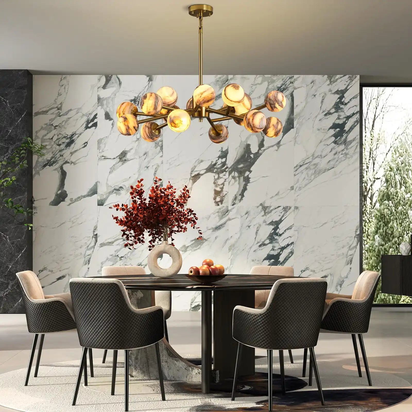 Mid Century Modern Sputnik 12 Light Gold Alabaster Globe Chandelier-Blushlighting