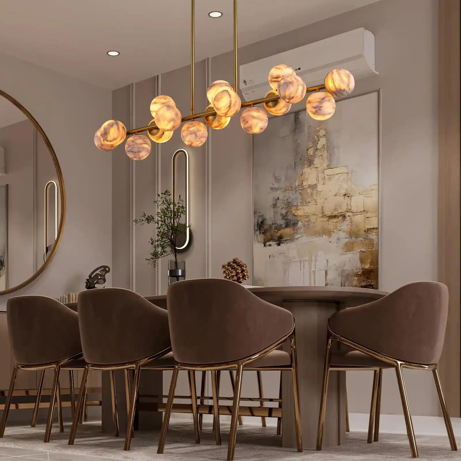Mid Century Modern Sputnik 12 Light Gold Alabaster Globe Chandelier-Blushlighting
