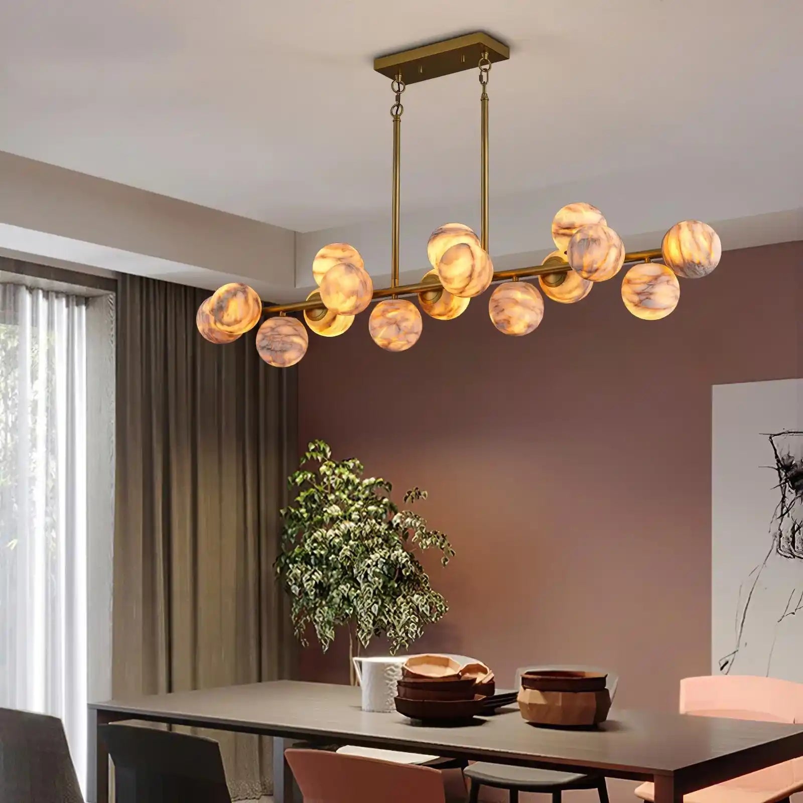 Mid Century Modern Sputnik 12 Light Gold Alabaster Globe Chandelier-Blushlighting