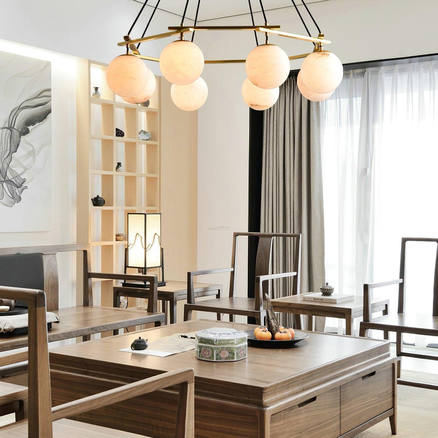 Miira Alabaster Chandelier with 3/6/8 heads - 3 heads 21.6" x H 59"/ Dia 55cm x H 150cmBrass & White AlabasterBlushlighting