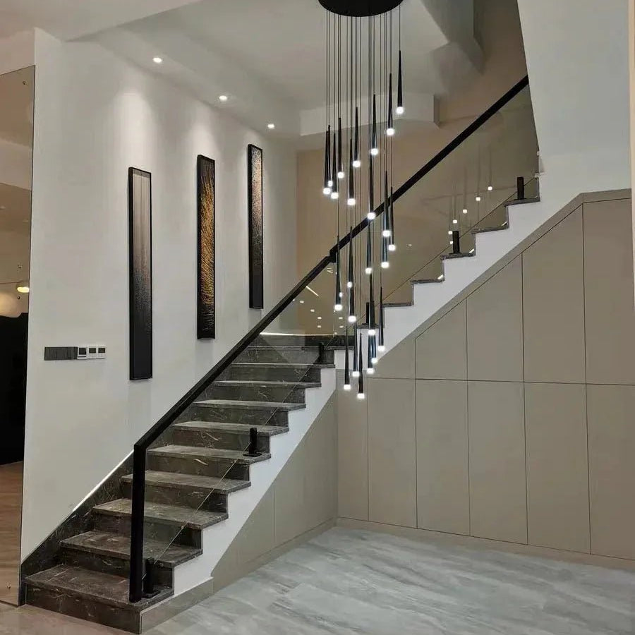 Minimalism Foyer Staircase Chandelier Ceiling Pendant Lighting Fixture For Living Room Entryway In Gold/ Black Finish - 6 Lights/ D11.8"*H78.7"GoldWarm LightBlushlighting