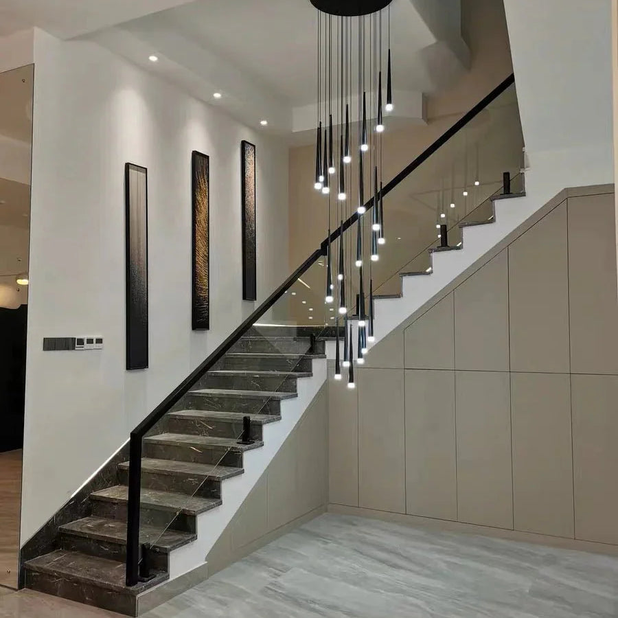 Minimalism Foyer Staircase Chandelier Ceiling Pendant Lighting Fixture For Living Room Entryway In Gold/ Black Finish - Blushlighting