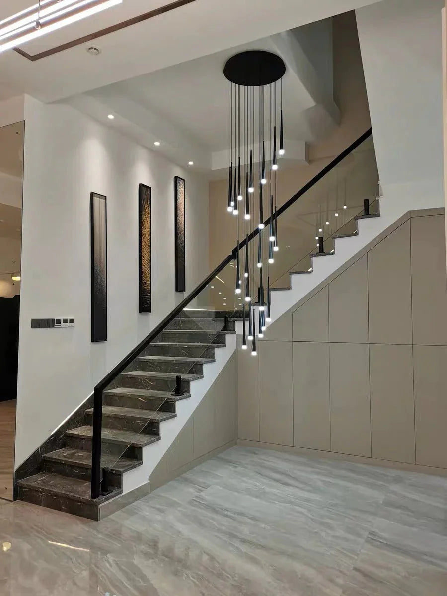 Minimalism Foyer Staircase Chandelier Ceiling Pendant Lighting Fixture For Living Room Entryway In Gold/ Black Finish - Blushlighting