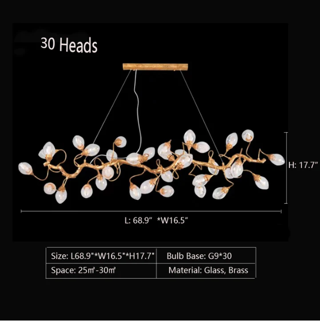 30Heads: L68.9"*W16.5"*H17.7" chandelier,chandeliers,pendant,ceiling,chain,adjustable,long table,big table,big,huge,large,oversize,eggs,branch,brass,glass,air bubble,art