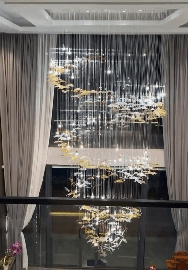 Modern Ascending Spiral Floating Glass Feather Chandelier with Bulbs - Square Canopy/L68"*H144" (L173cm*H366cm)Warm LightBlushlighting
