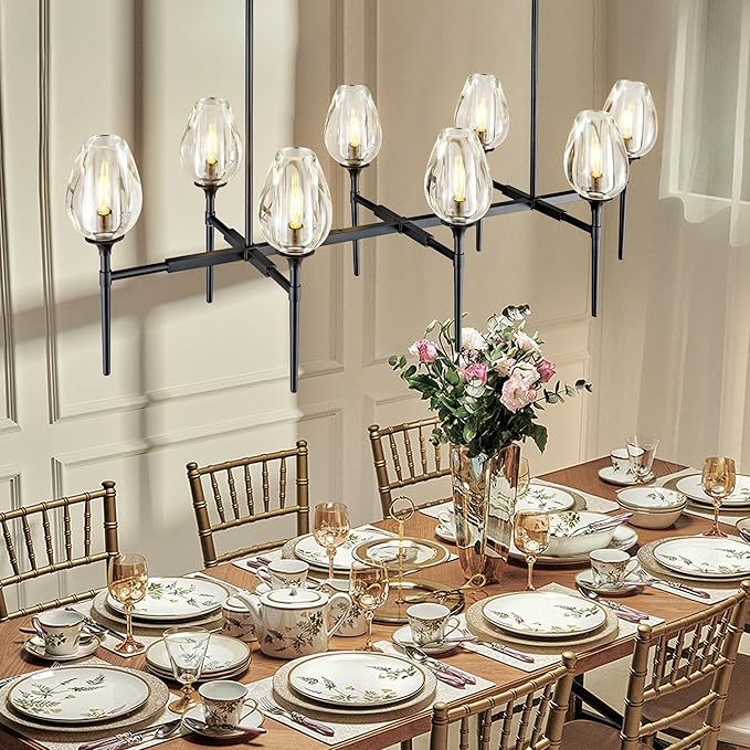 Modern Black 8 - Light 52in Rectangle Crystal Pendant Chandelier for Dining - Black - 52in - 8LightsBlushlighting