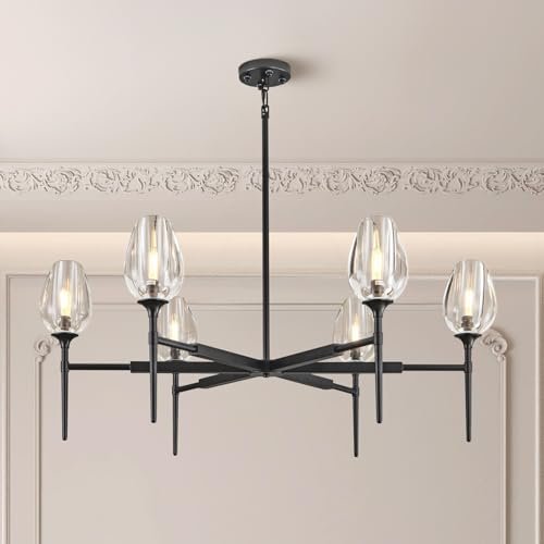 Modern Black 8 - Light 52in Rectangle Crystal Pendant Chandelier for Dining - Black - 52in - 8LightsBlushlighting