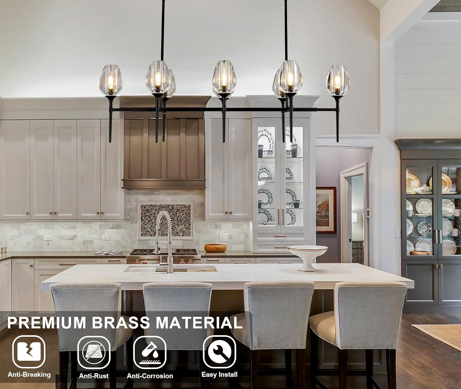 Modern Black 8 - Light 52in Rectangle Crystal Pendant Chandelier for Dining - Black - 52in - 8LightsBlushlighting