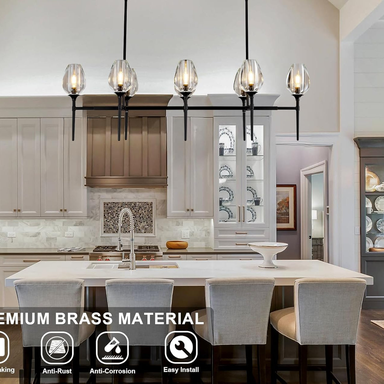 Modern Black 8-Light 52in Rectangle Crystal Pendant Chandelier for Dining