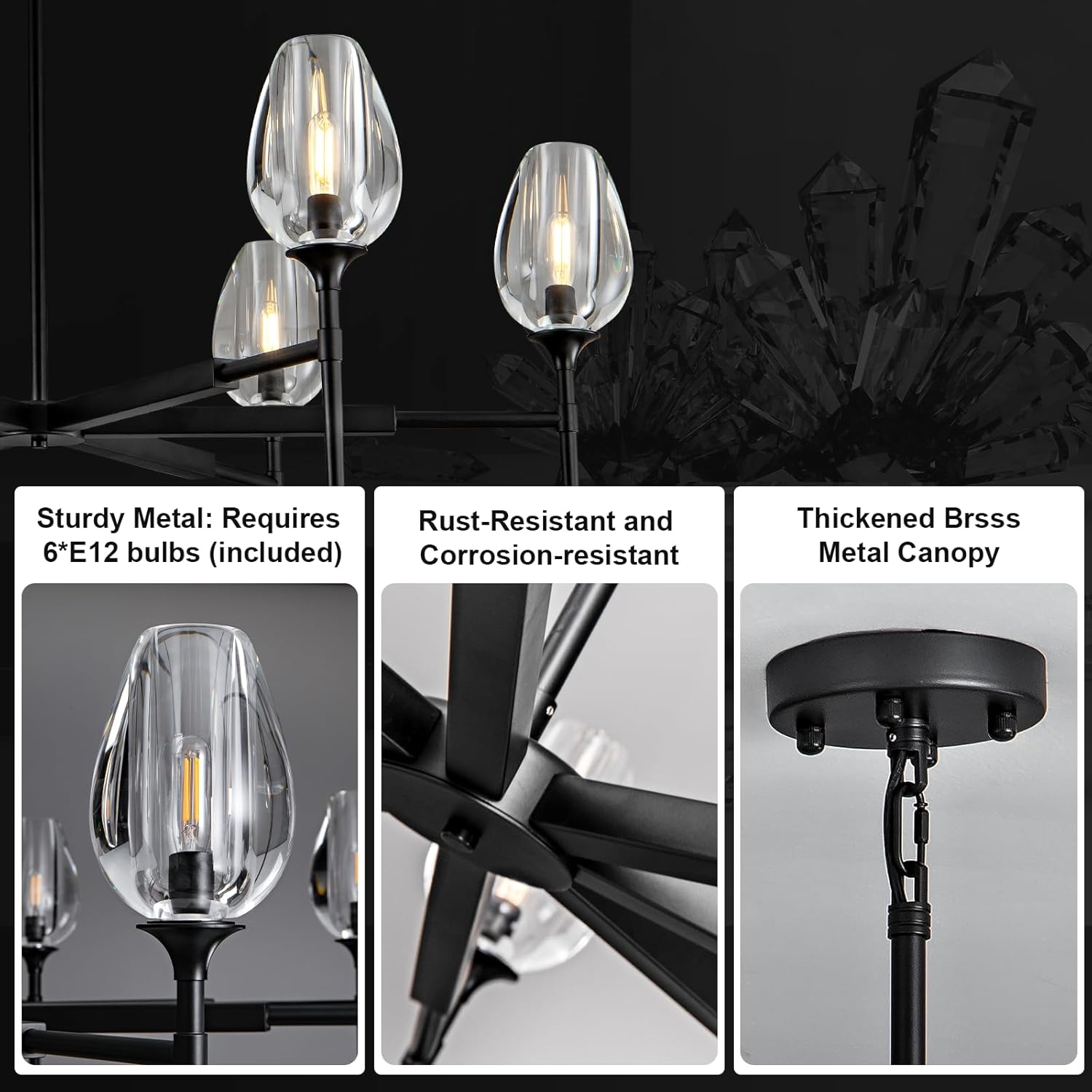 Modern Black Crystal Chandelier 6 Lights 42in Round K9 Tulip Pendant - Black - 42in - 6LightsBlushlighting