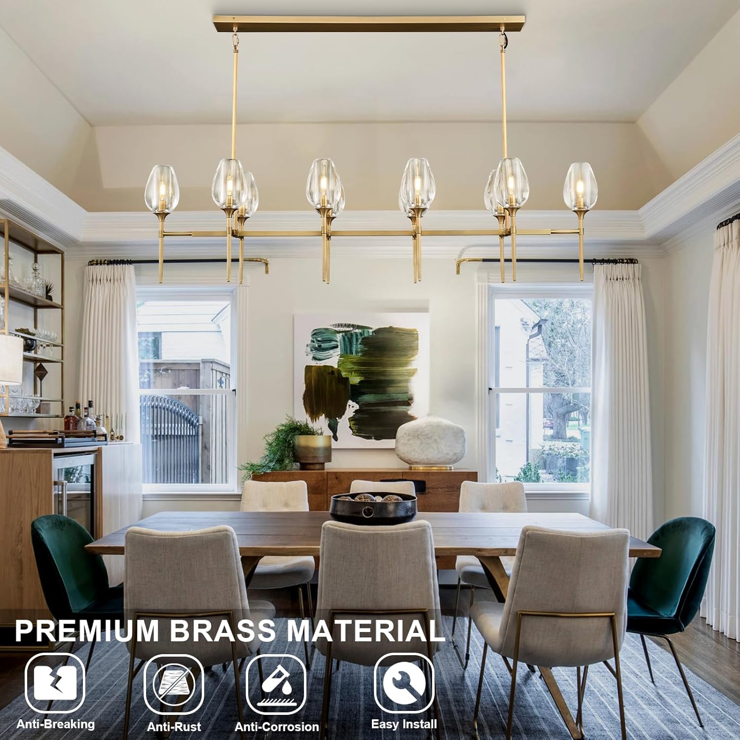 Modern Crystal Chandelier 10 Lights Brass 65in Gold Rectangle K9 Pendant Light - Brass - 10 Lights - RectangleBlushlighting