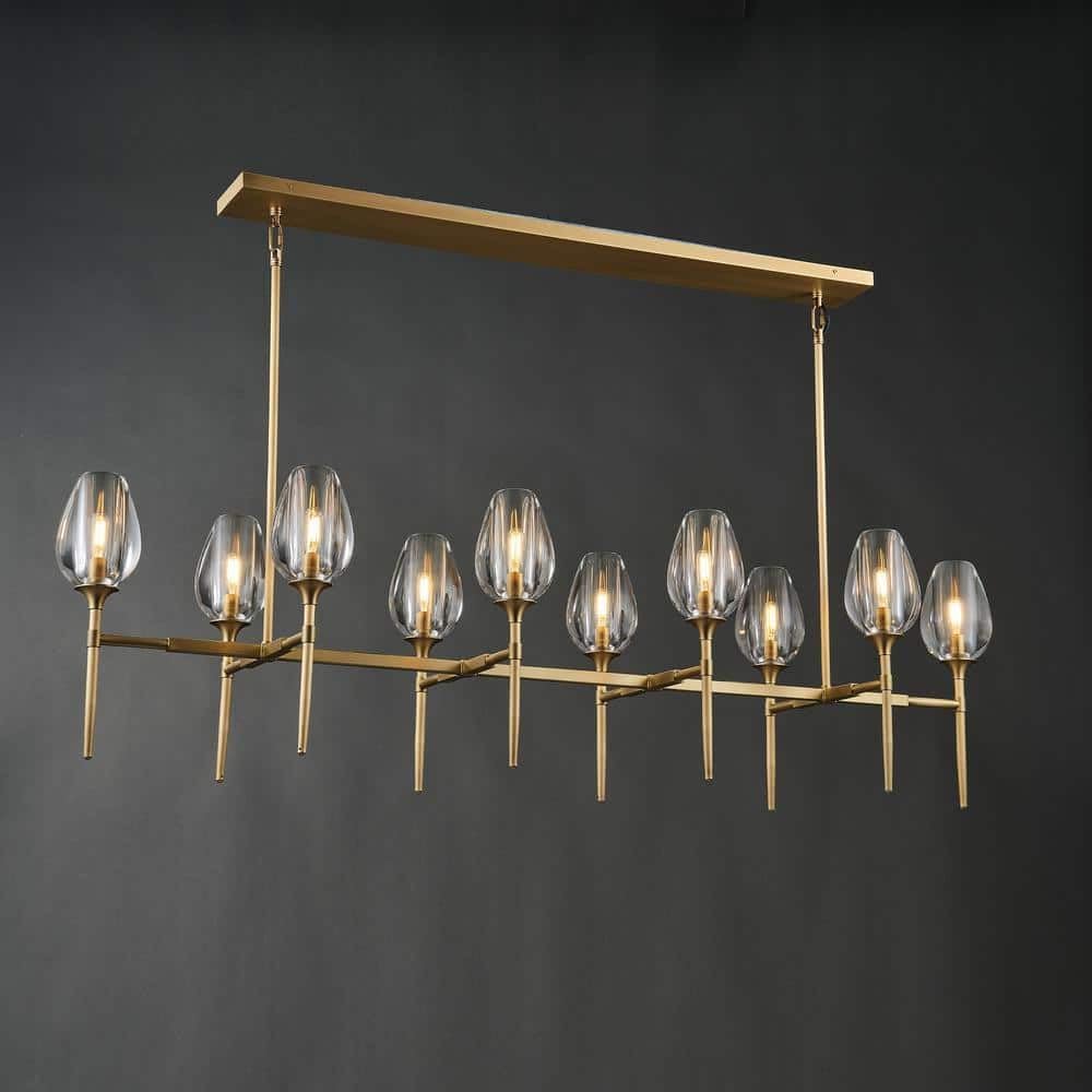 Modern Crystal Chandelier 10 Lights Brass 65in Gold Rectangle K9 Pendant Light