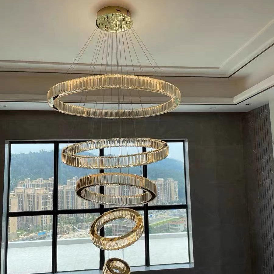 Modern Front Entryway Chandelier 3/4/5/6/7 Rings Crystal Gold/ Chrome Finish Ceiling Lamp - 5 Rings: Dia(39.4"+31.5"+23.6"+15.7"+7.9")/45kg/46.2kgChromeWhite LightBlushlighting