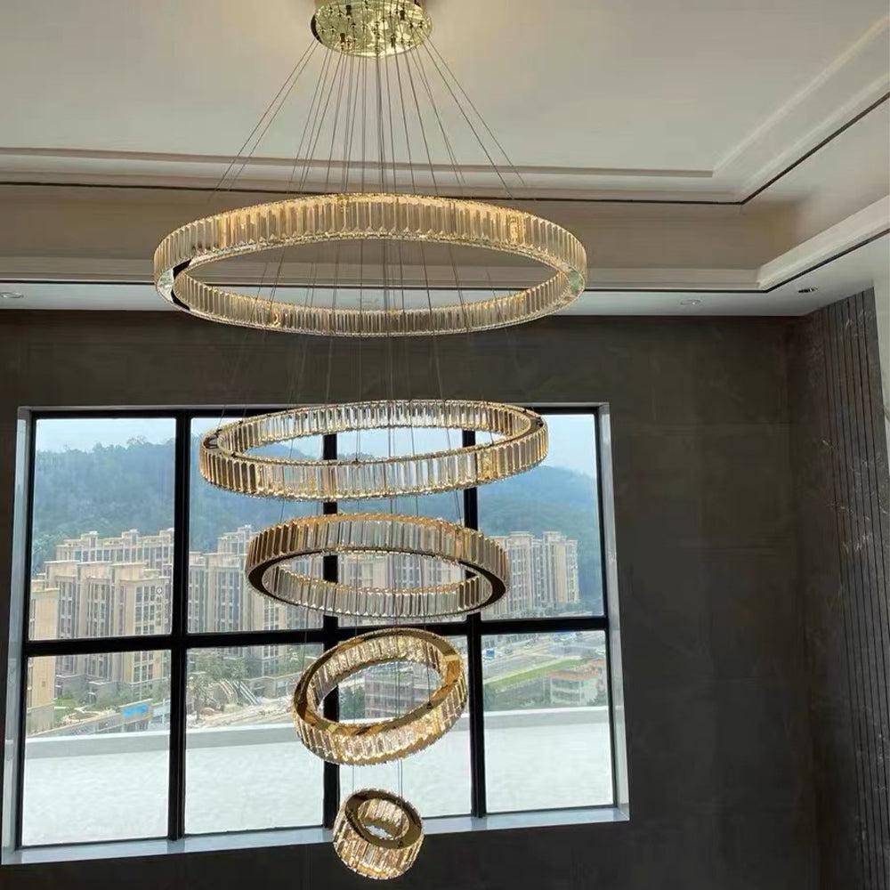 Modern Front Entryway Chandelier 3/4/5/6/7 Rings Crystal Gold/ Chrome Finish Ceiling Lamp - 5 Rings: Dia(39.4"+31.5"+23.6"+15.7"+7.9")/45kg/46.2kgGoldWarm LightBlushlighting