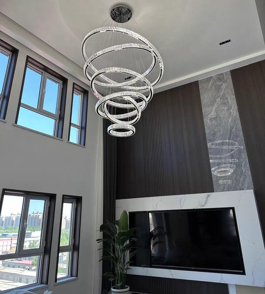Modern Front Entryway Chandelier 3/4/5/6/7 Rings Crystal Gold/ Chrome Finish Ceiling Lamp - 6 Rings: Dia(47.2"+39.4"+31.5"+23.6"+15.7"+7.9")/63kgChromeWhite LightBlushlighting