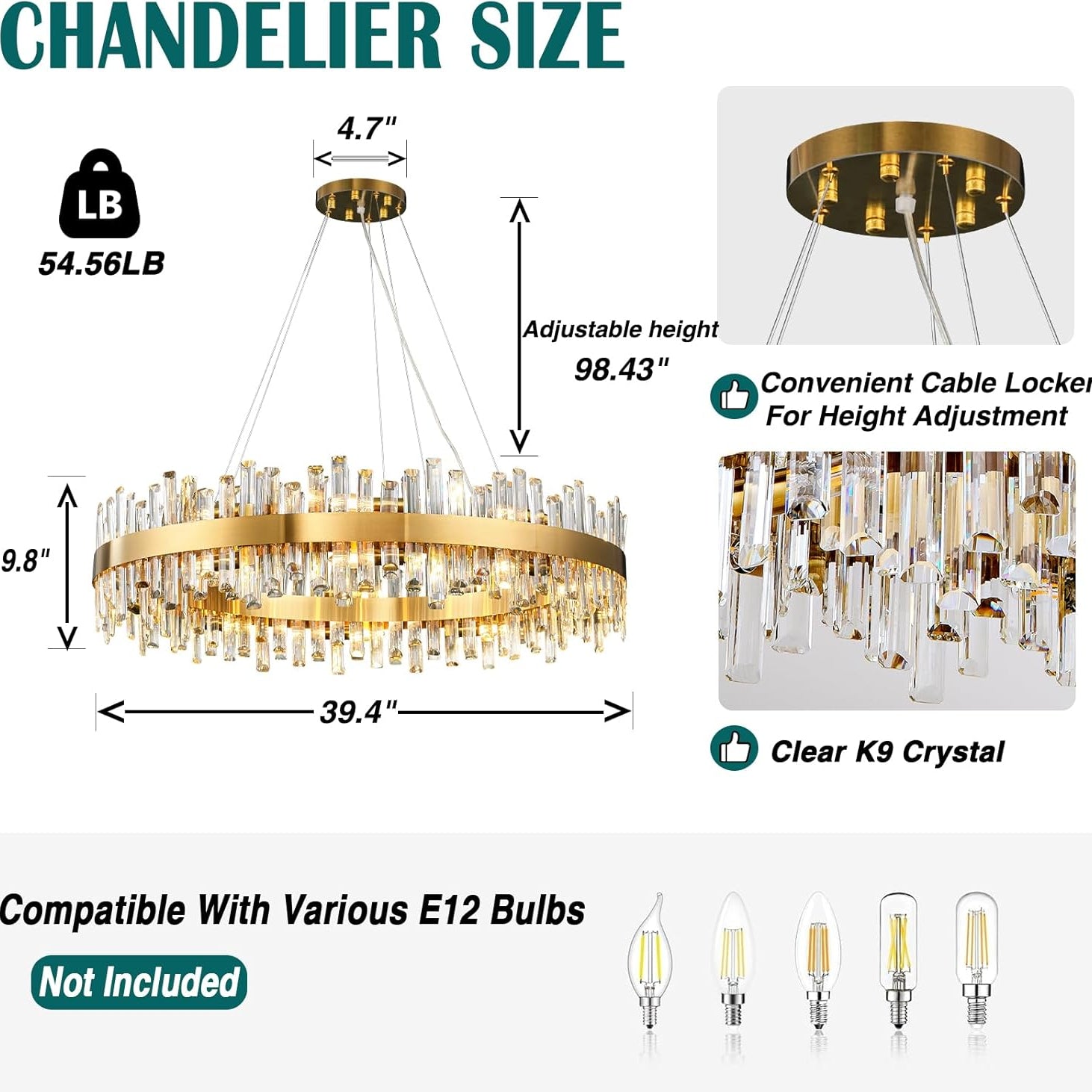 Modern Gold 2-Tier Crystal Chandelier with 20 E12 Bulbs