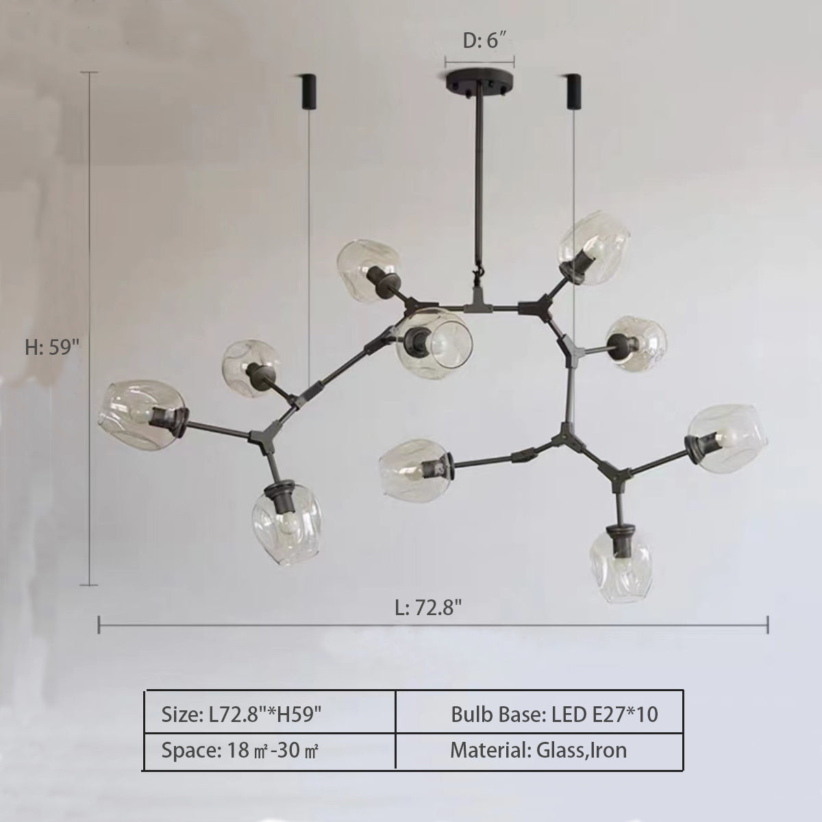 10Heads: L72.8"*H59.0" Gaia 5 - Light Sputnik Modern Linear Chandelier,chandelier,chandeliers,glass,metal,iron,cup,branch,fashion,trendy,multi-head,pendant,extra large,oversize,large,huge,big,long table,big table,kitchen island,kitchen bar,dining table,dining bar