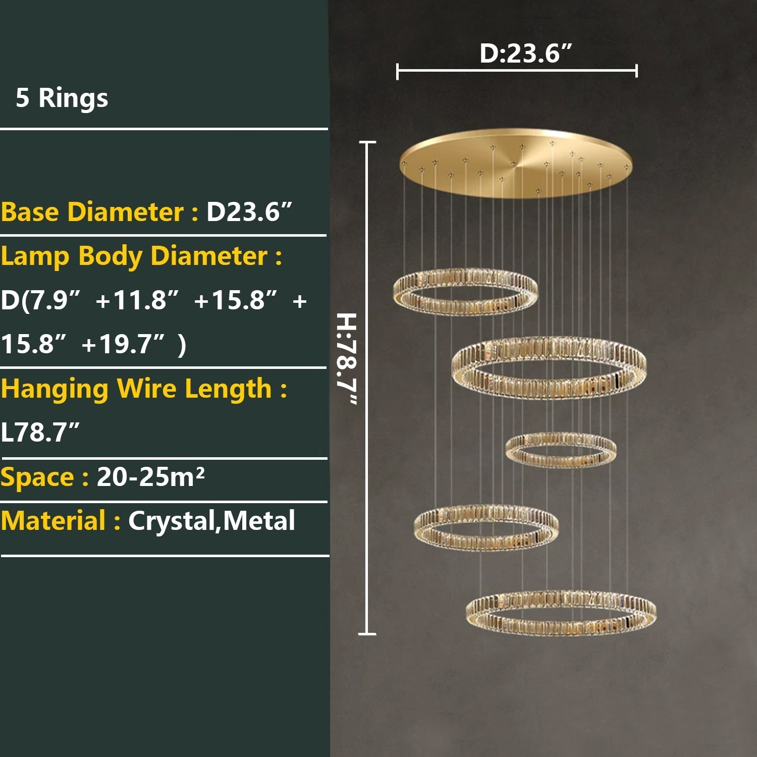 Modern Layered Ring Crystal Chandelier For High Ceiling Living Room /Foryer/Stairscase - 5 Rings:D23.6"*H78.7"Warm LightBlushlighting