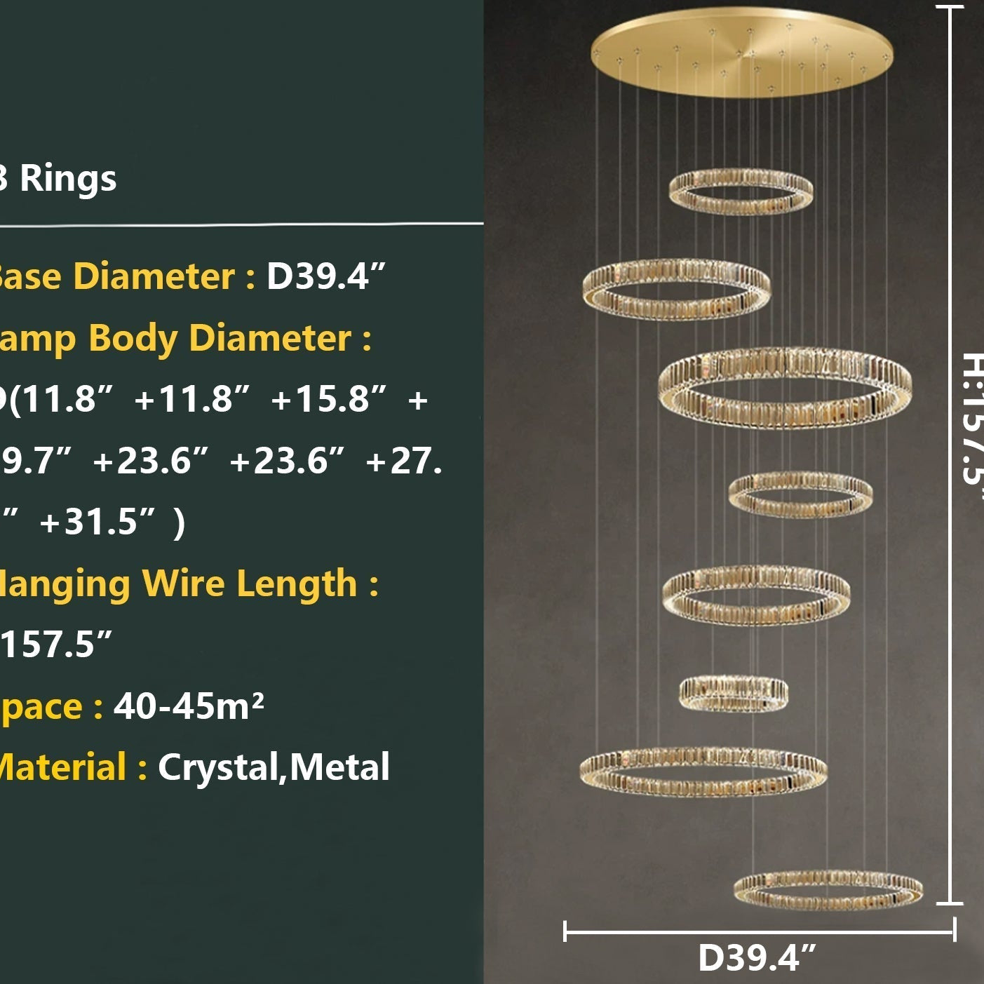 Modern Layered Ring Crystal Chandelier For High Ceiling Living Room /Foryer/Stairscase - 5 Rings:D23.6"*H78.7"Warm LightBlushlighting