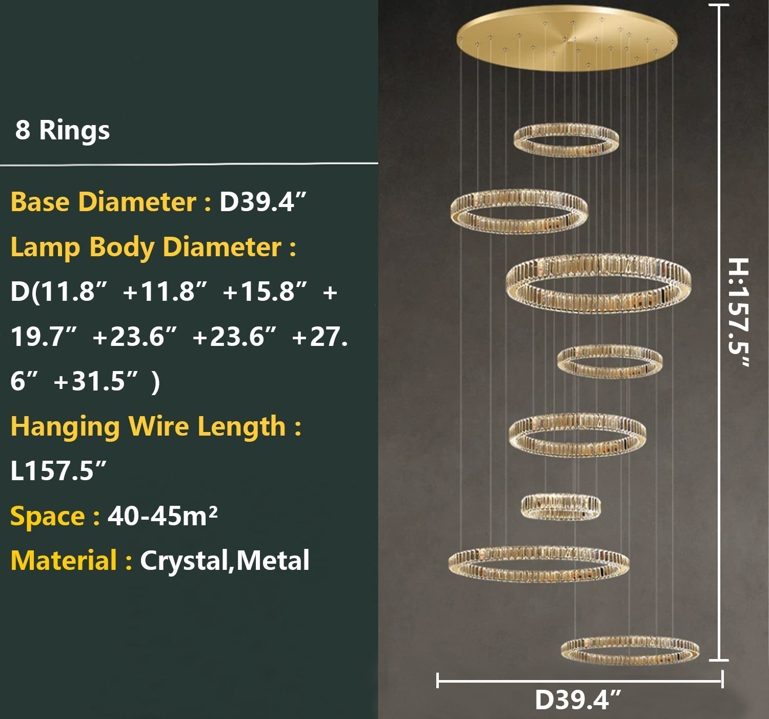Modern Layered Ring Crystal Chandelier For High Ceiling Living Room /Foryer/Stairscase - 5 Rings:D23.6"*H78.7"Warm LightBlushlighting