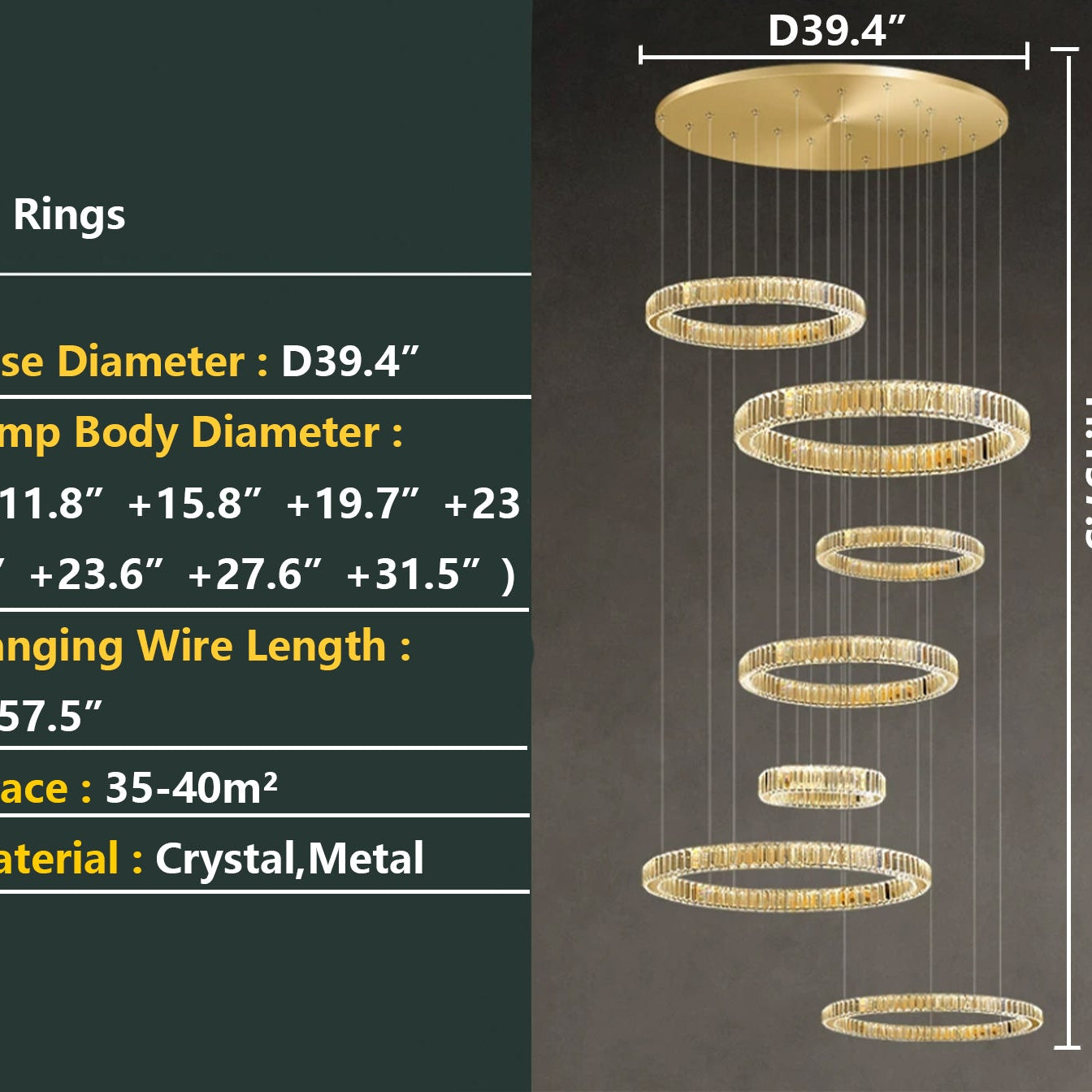 Modern Layered Ring Crystal Chandelier For High Ceiling Living Room /Foryer/Stairscase - 5 Rings:D23.6"*H78.7"Warm LightBlushlighting