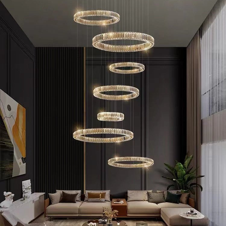 Modern Layered Ring Crystal Chandelier For High Ceiling Living Room /Foryer/Stairscase - 5 Rings:D23.6"*H78.7"Warm LightBlushlighting