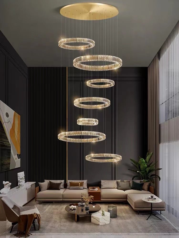 Modern Layered Ring Crystal Chandelier For High Ceiling Living Room /Foryer/Stairscase - 5 Rings:D23.6"*H78.7"Warm LightBlushlighting