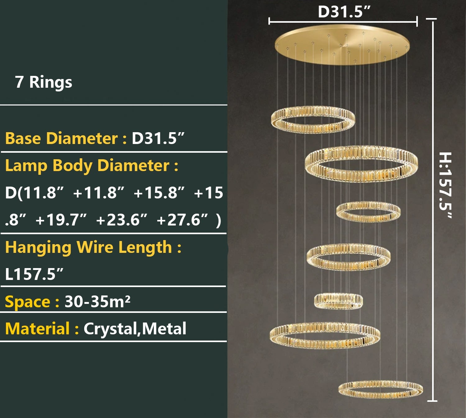 Modern Layered Ring Crystal Chandelier For High Ceiling Living Room /Foryer/Stairscase - 5 Rings:D23.6"*H78.7"Warm LightBlushlighting