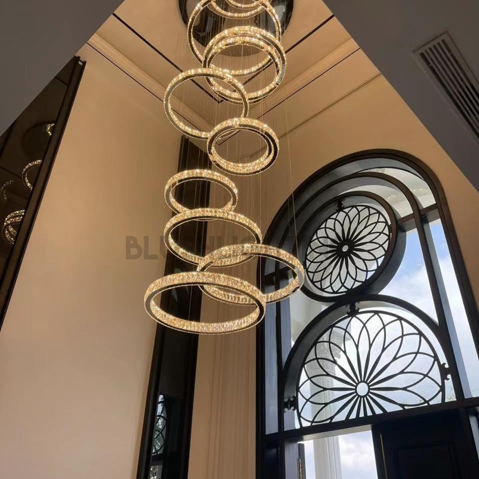 Modern Layered Ring Crystal Chandelier For High Ceiling Living Room /Foryer/Stairscase - 5 Rings:D23.6"*H78.7"Warm LightBlushlighting