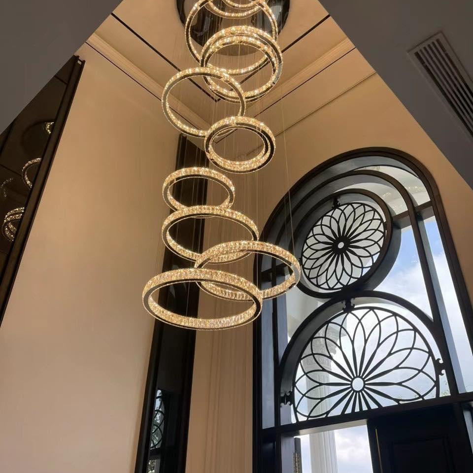 Modern Layered Ring Crystal Chandelier For High Ceiling Living Room /Foryer/Stairscase - 5 Rings:D23.6"*H78.7"Warm LightBlushlighting