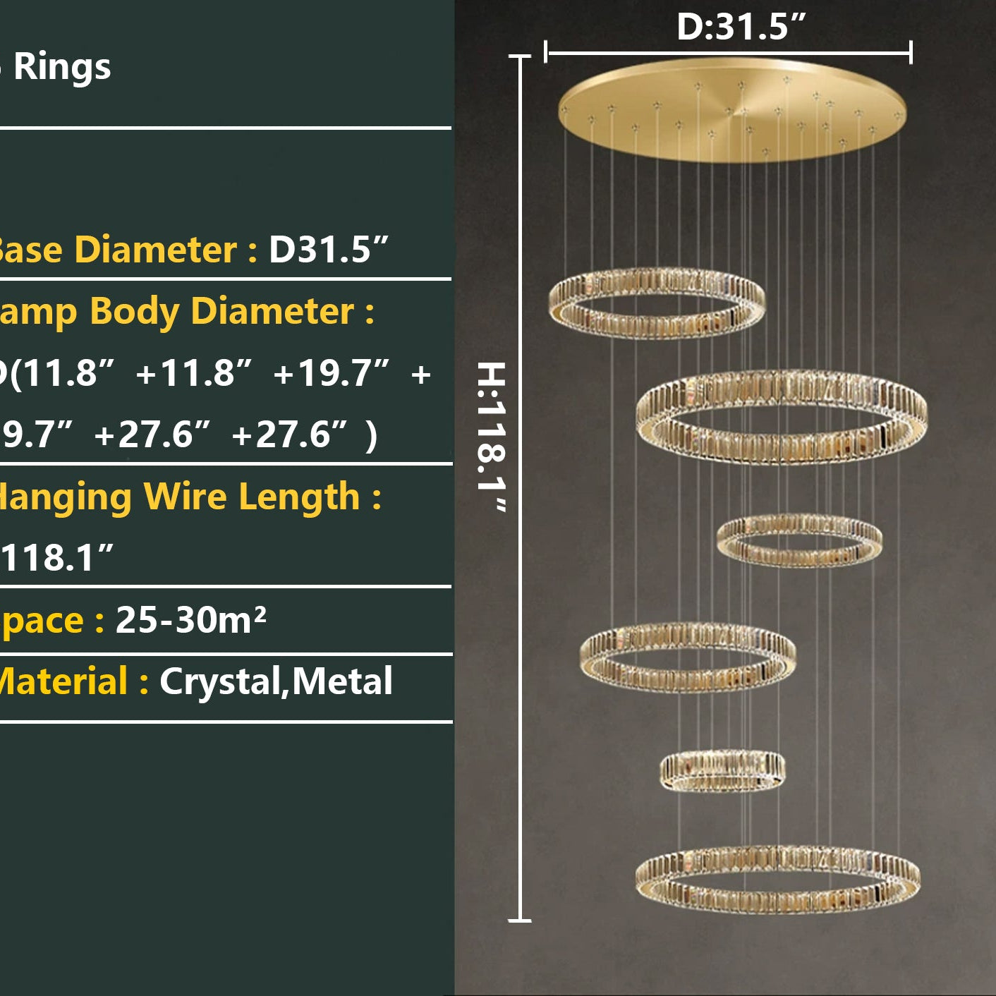 Modern Layered Ring Crystal Chandelier For High Ceiling Living Room /Foryer/Stairscase - 5 Rings:D23.6"*H78.7"Warm LightBlushlighting