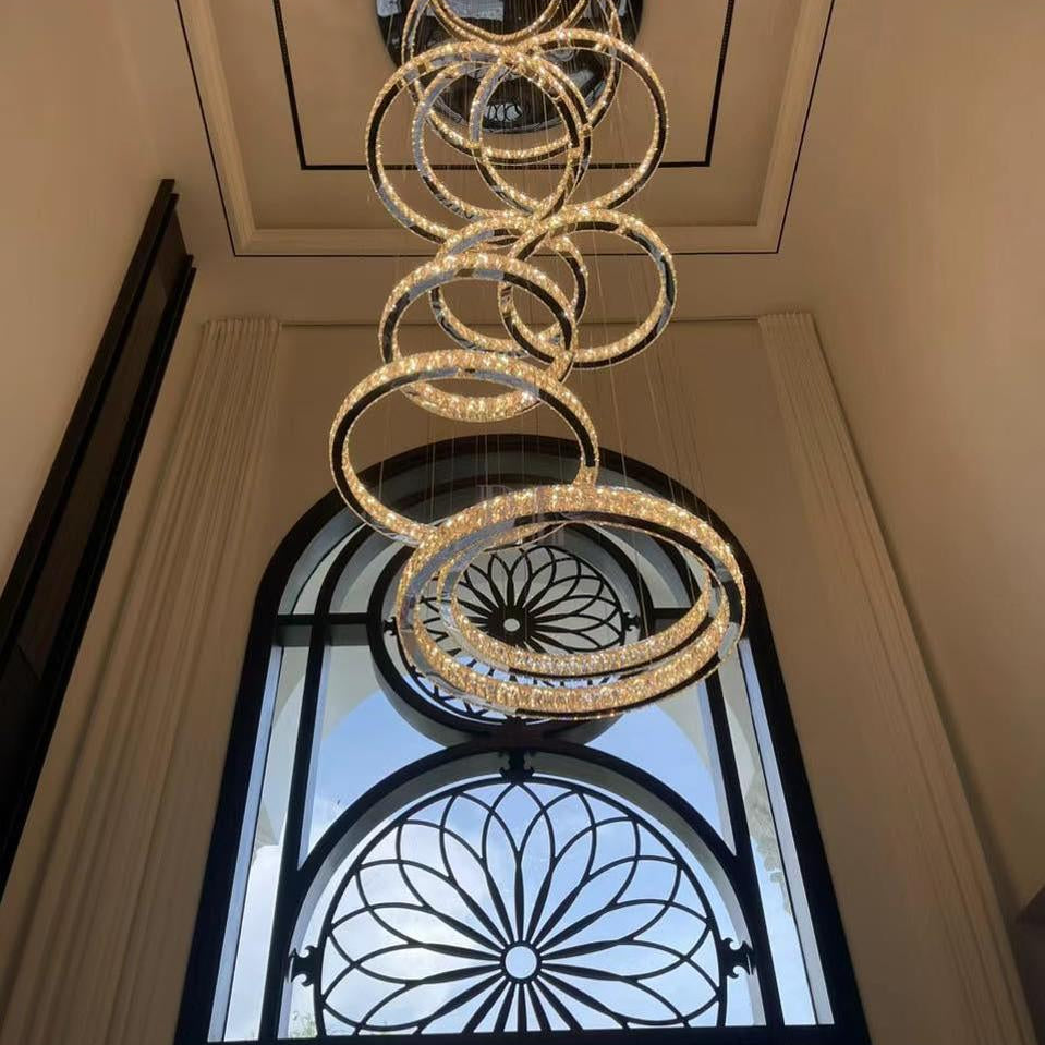 Modern Layered Ring Crystal Chandelier For High Ceiling Living Room /Foryer/Stairscase - 5 Rings:D23.6"*H78.7"Warm LightBlushlighting