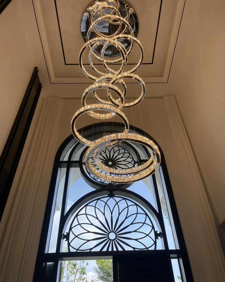 Modern Layered Ring Crystal Chandelier For High Ceiling Living Room /Foryer/Stairscase - 5 Rings:D23.6"*H78.7"Warm LightBlushlighting