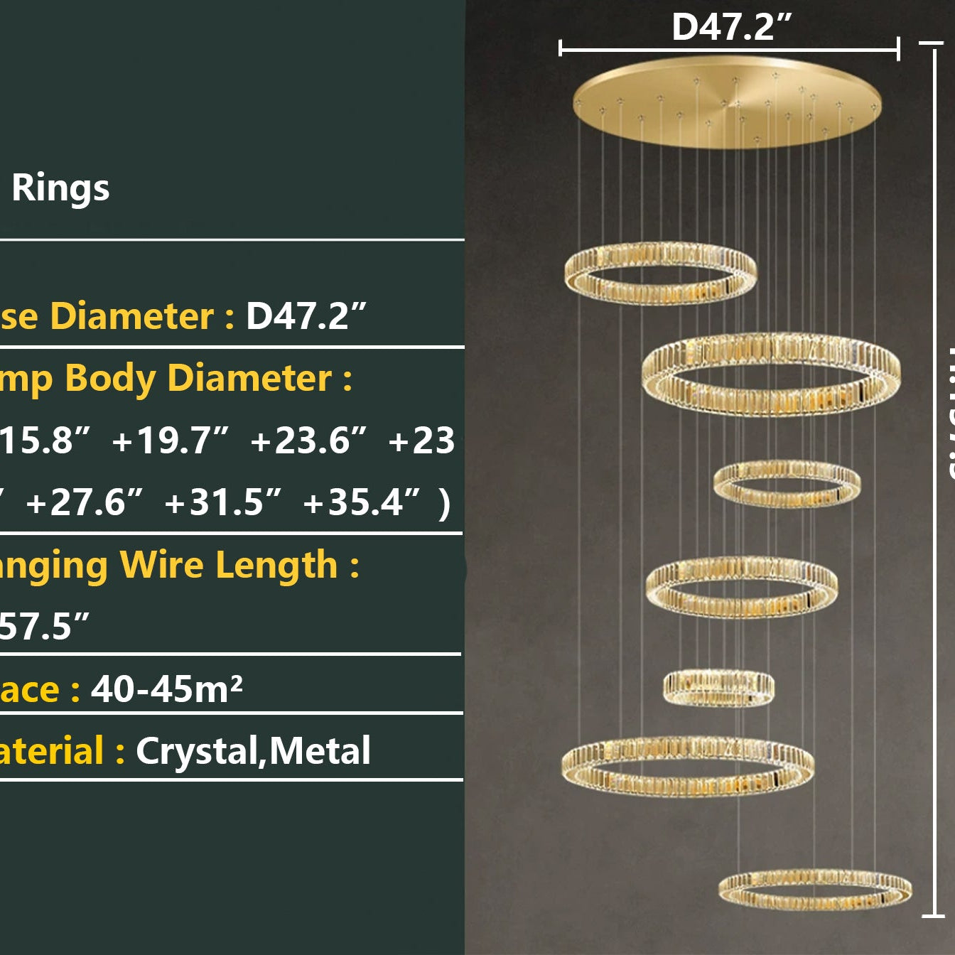 Modern Layered Ring Crystal Chandelier For High Ceiling Living Room /Foryer/Stairscase - 5 Rings:D23.6"*H78.7"Warm LightBlushlighting