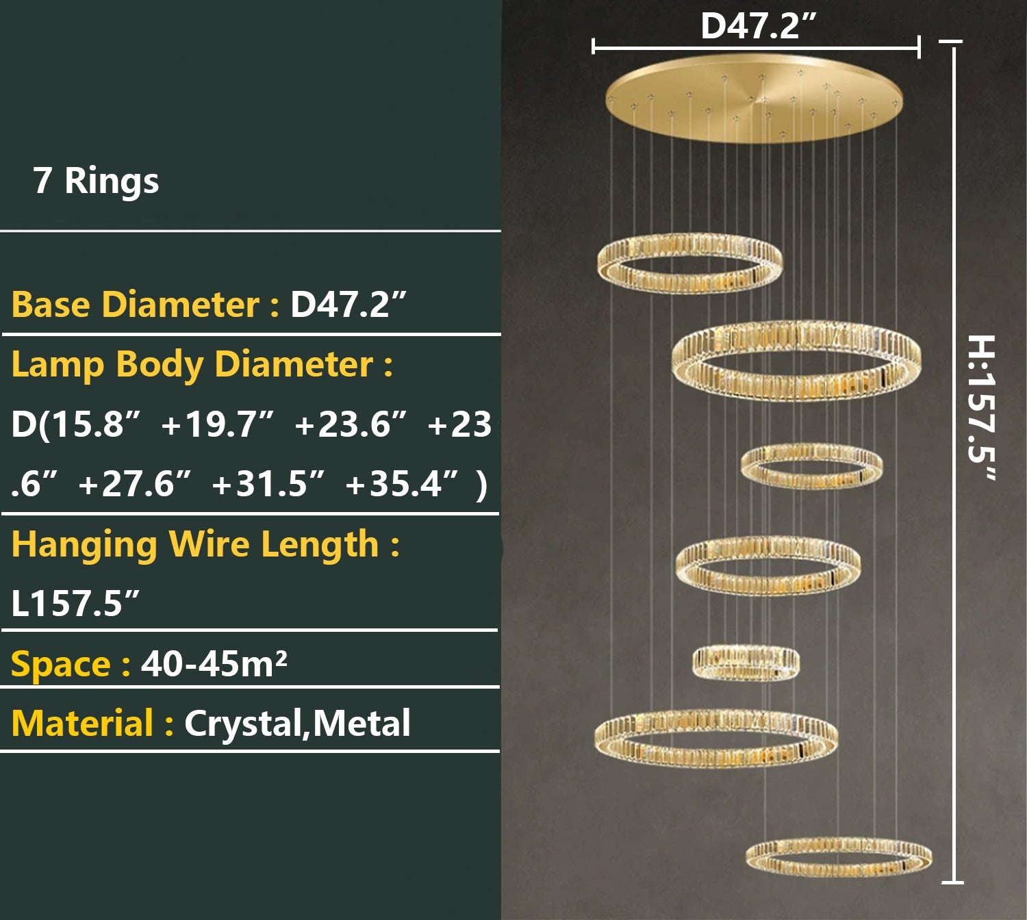 Modern Layered Ring Crystal Chandelier For High Ceiling Living Room /Foryer/Stairscase - 5 Rings:D23.6"*H78.7"Warm LightBlushlighting