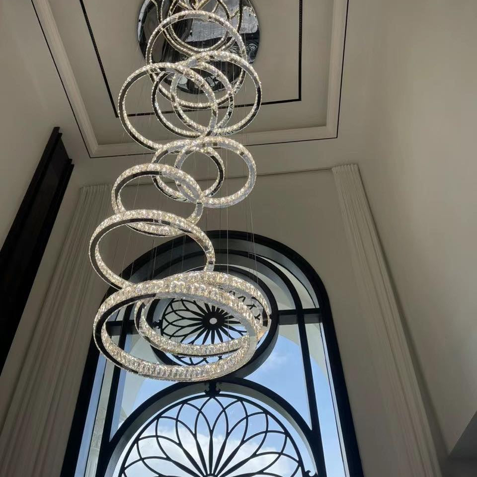 Modern Layered Ring Crystal Chandelier For High Ceiling Living Room /Foryer/Stairscase - 5 Rings:D23.6"*H78.7"Warm LightBlushlighting