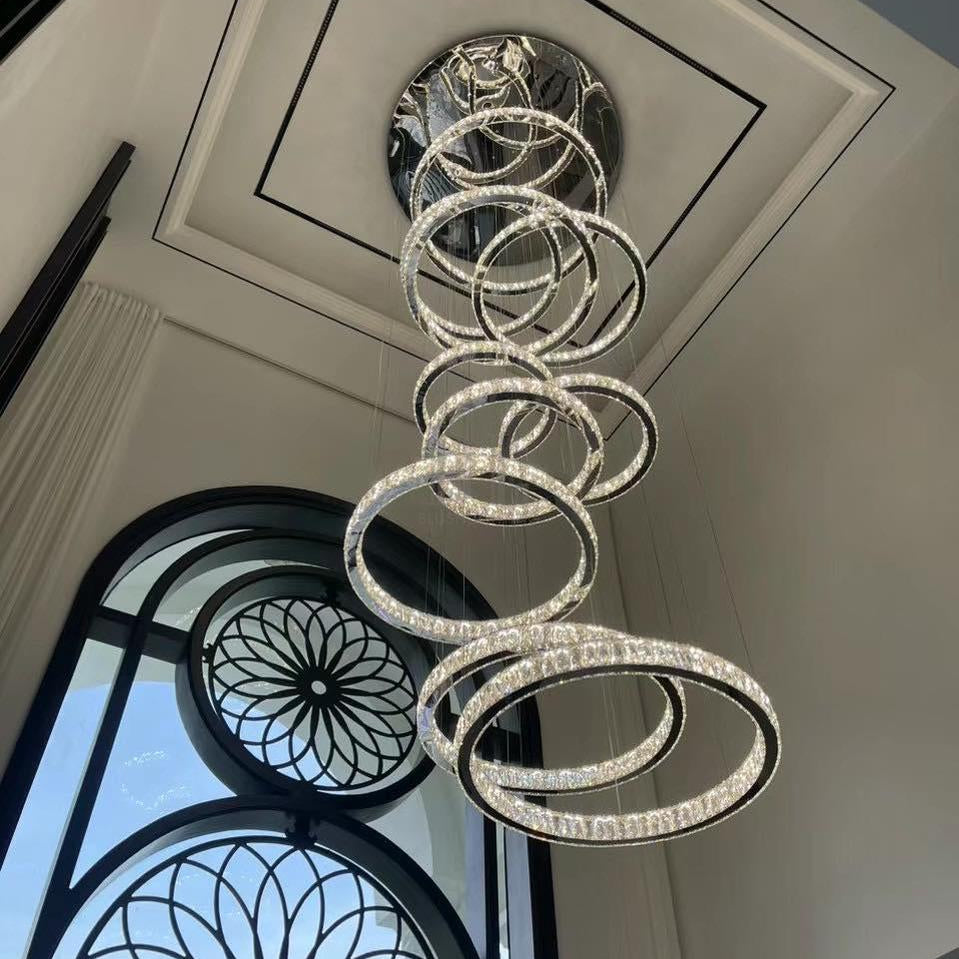 Modern Layered Ring Crystal Chandelier For High Ceiling Living Room /Foryer/Stairscase - 5 Rings:D23.6"*H78.7"Warm LightBlushlighting