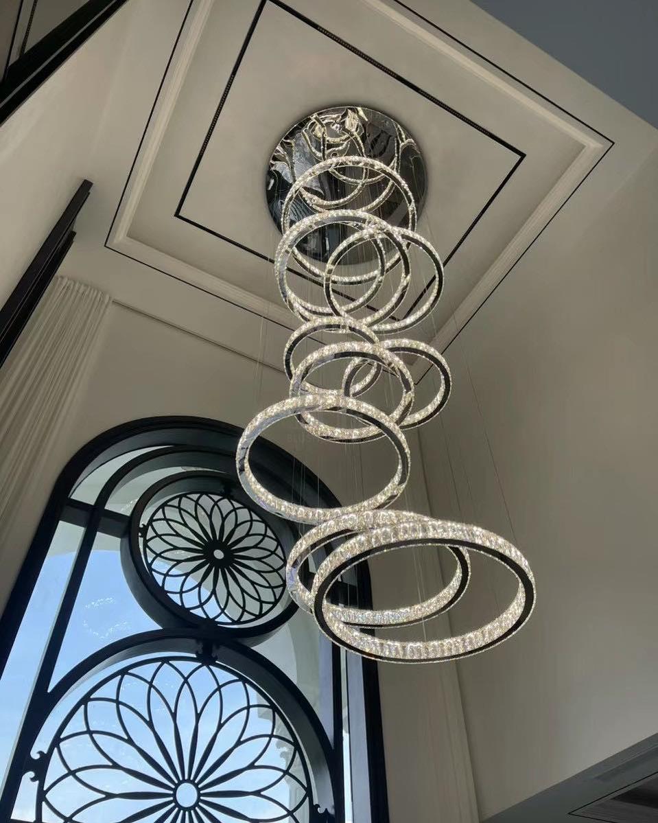 Modern Layered Ring Crystal Chandelier For High Ceiling Living Room /Foryer/Stairscase - 5 Rings:D23.6"*H78.7"Warm LightBlushlighting