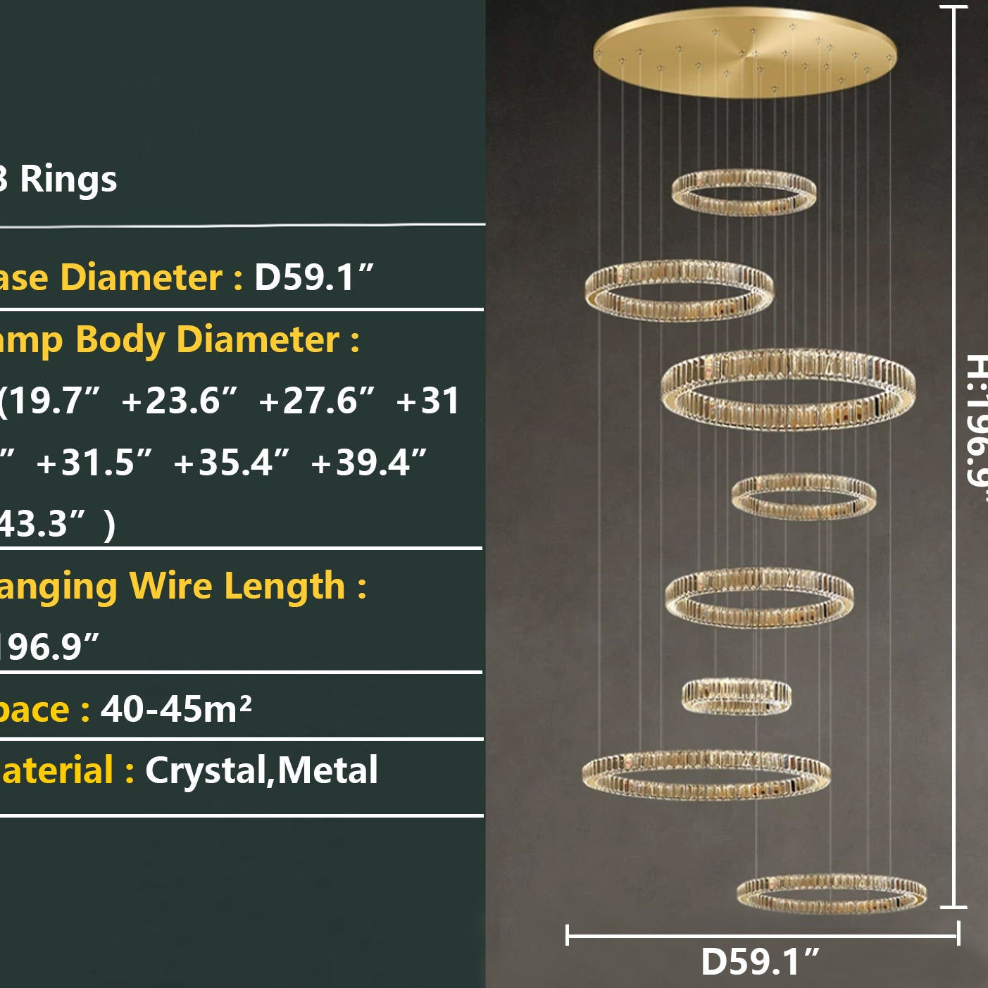 Modern Layered Ring Crystal Chandelier For High Ceiling Living Room /Foryer/Stairscase - 5 Rings:D23.6"*H78.7"Warm LightBlushlighting