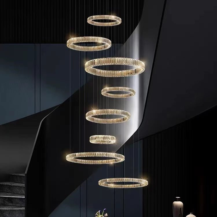 Modern Layered Ring Crystal Chandelier For High Ceiling Living Room /Foryer/Stairscase - 5 Rings:D23.6"*H78.7"Warm LightBlushlighting
