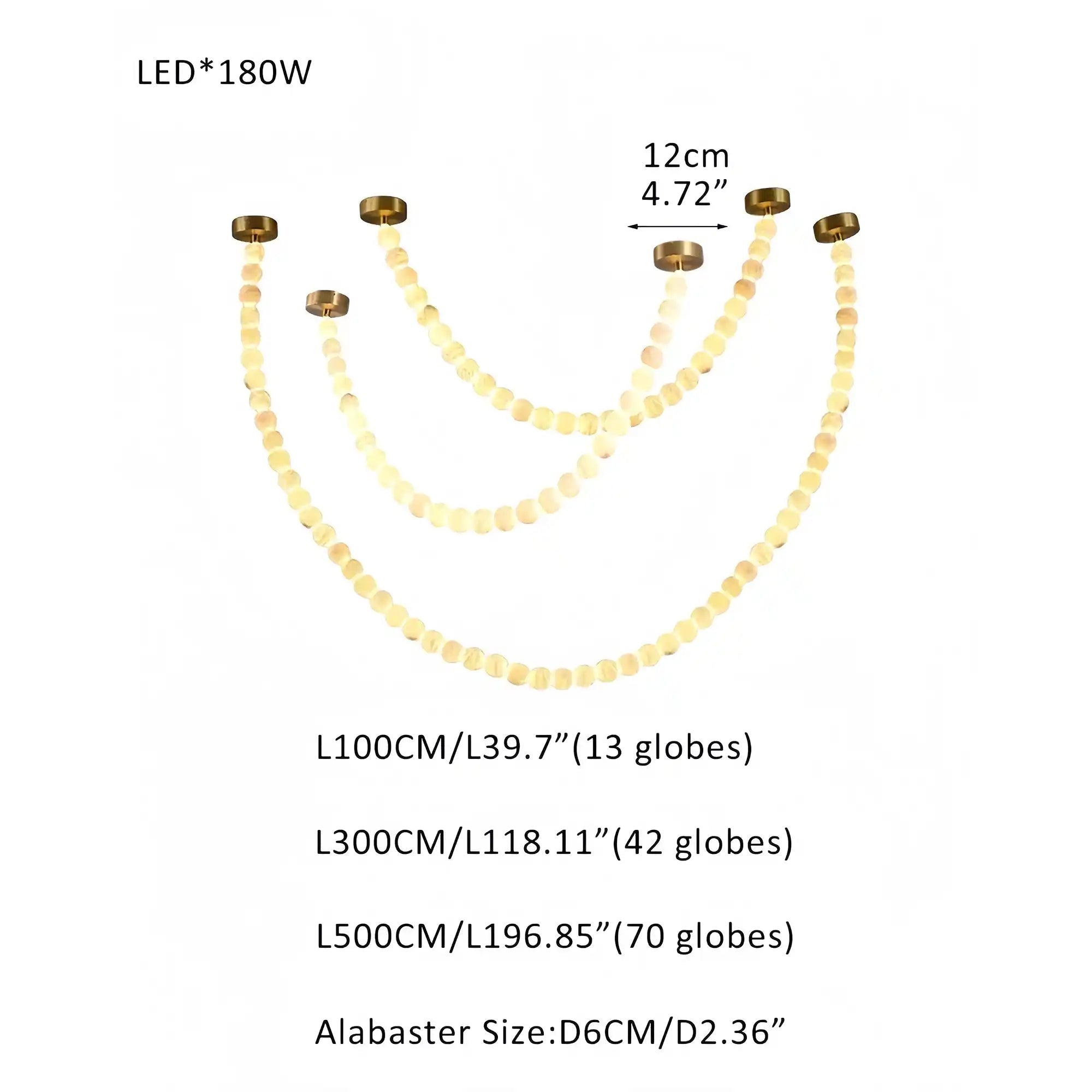 Modern LED Natural Alabaster Globes Beads Hanging Chandelier Indoor Lighting Fixture - 125 globes - L100+L300+L500CM/L40"+L118"+L197"Warm Light (3000K)Brass + WhiteBlushlighting